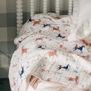 Red Rover Organic Cotton Muslin Quilt Carousel Horse Pink Navy White 40x36